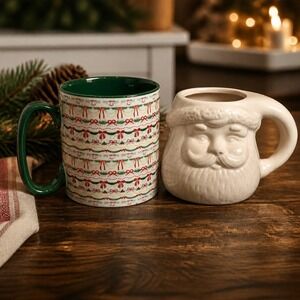 10 Strawberry‎ Street Christmas Mug Set Santa Face Garland Green White Red Bows